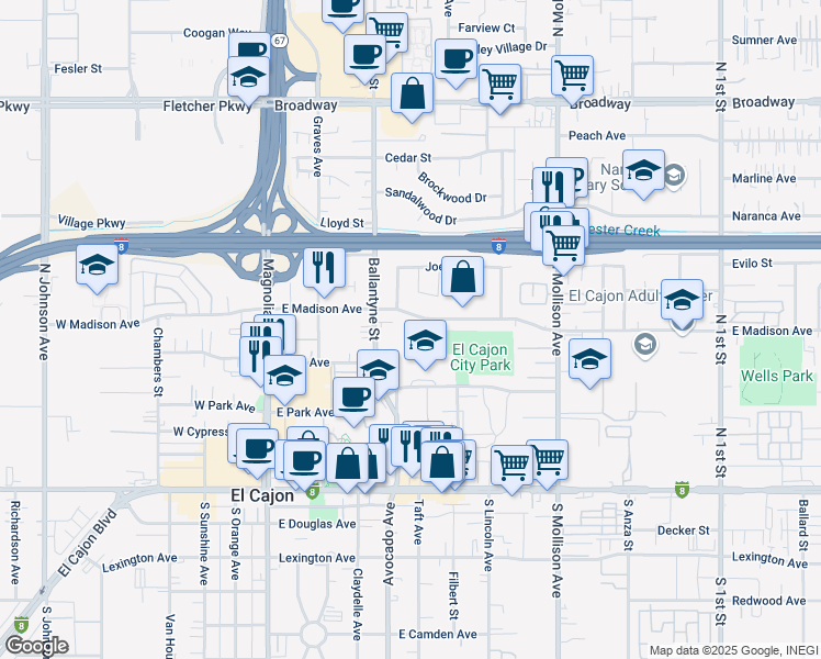 map of restaurants, bars, coffee shops, grocery stores, and more near in El Cajon