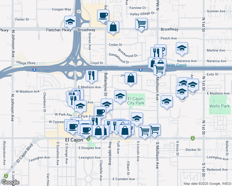 map of restaurants, bars, coffee shops, grocery stores, and more near 467 Ballantyne Street in El Cajon