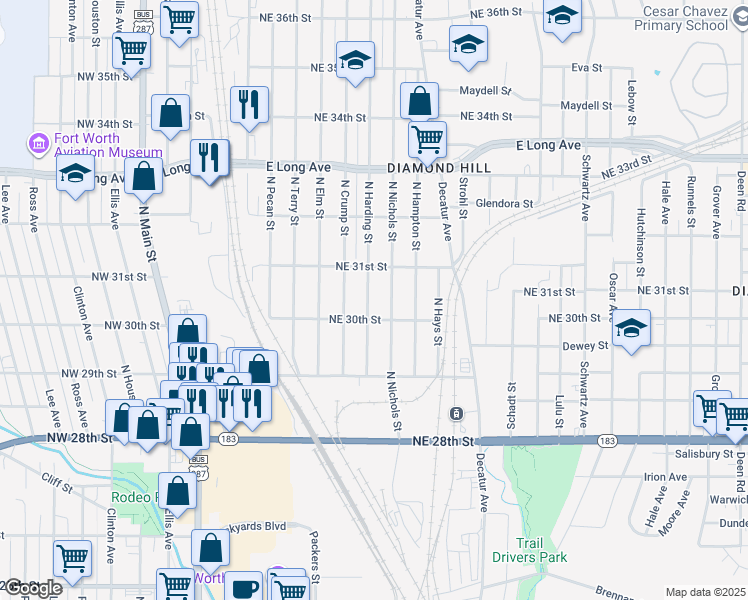 map of restaurants, bars, coffee shops, grocery stores, and more near 3108 North Harding Street in Fort Worth