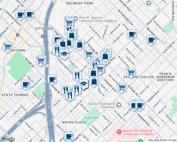 map of restaurants, bars, coffee shops, grocery stores, and more near 3914 Munger Avenue in Dallas