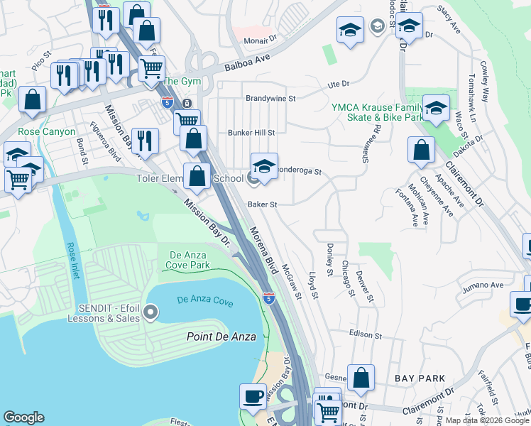 map of restaurants, bars, coffee shops, grocery stores, and more near 3359 McGraw Street in San Diego
