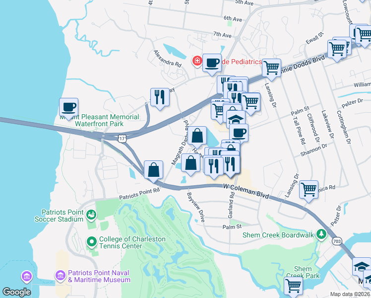 map of restaurants, bars, coffee shops, grocery stores, and more near 301 Harbor Pointe Drive in Mount Pleasant
