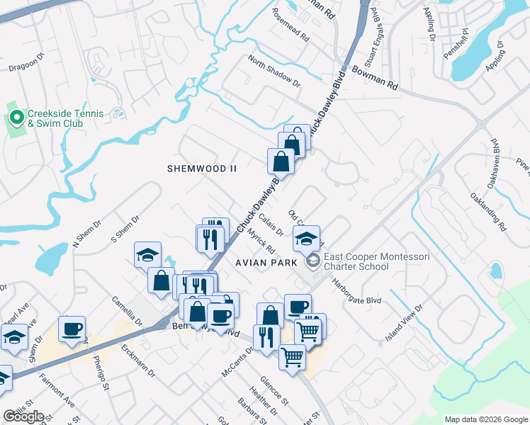 map of restaurants, bars, coffee shops, grocery stores, and more near 1208 Calais Drive in Mount Pleasant