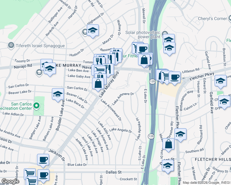 map of restaurants, bars, coffee shops, grocery stores, and more near 8671 Lake Murray Boulevard in San Diego