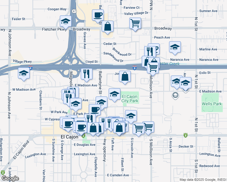 map of restaurants, bars, coffee shops, grocery stores, and more near 559 East Madison Avenue in El Cajon