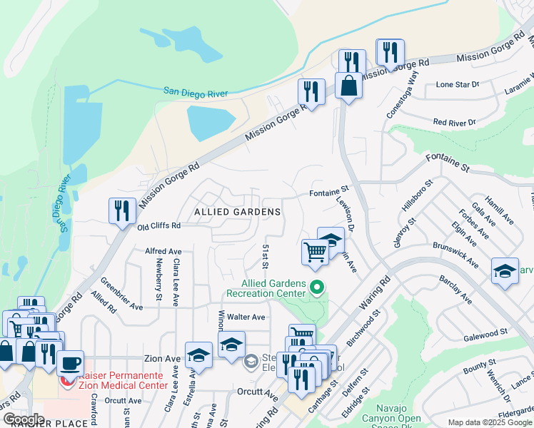 map of restaurants, bars, coffee shops, grocery stores, and more near 5013 Old Cliffs Road in San Diego
