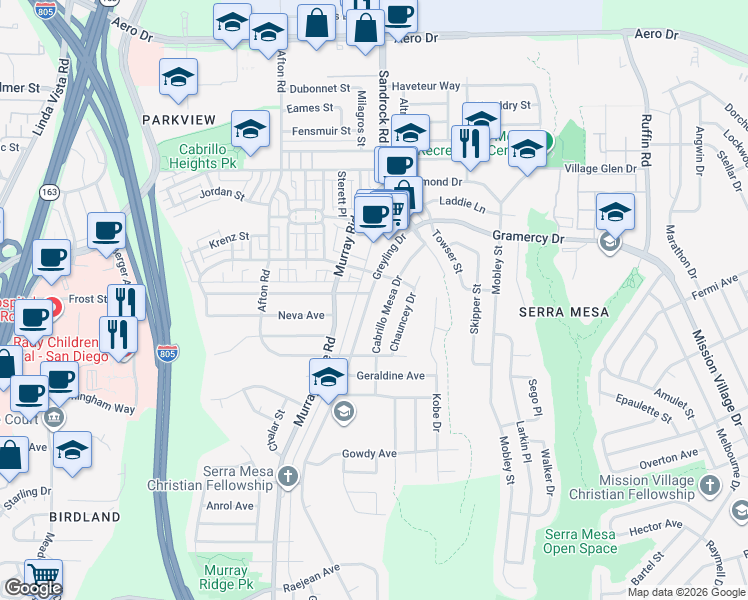 map of restaurants, bars, coffee shops, grocery stores, and more near 3077 Greyling Drive in San Diego