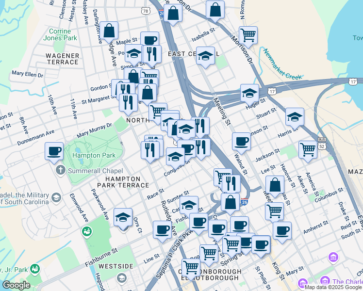 map of restaurants, bars, coffee shops, grocery stores, and more near King St & Huger St in Charleston
