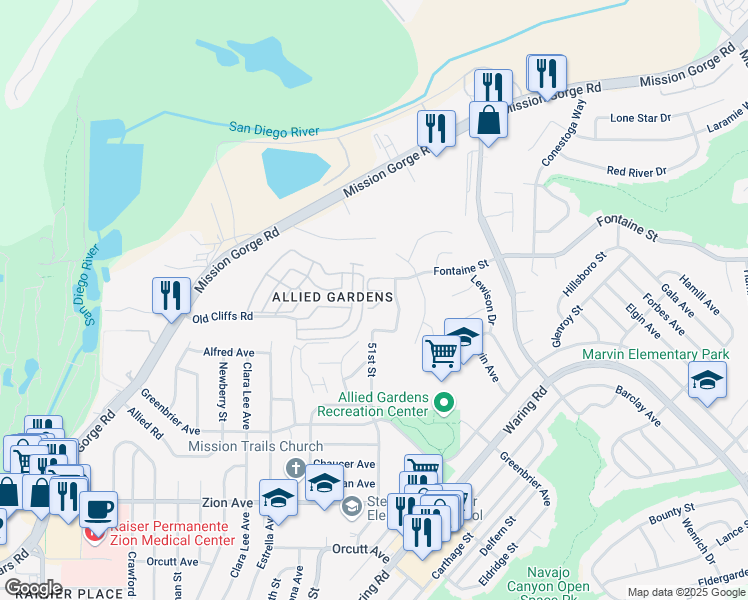 map of restaurants, bars, coffee shops, grocery stores, and more near 5125 Fontaine Street in San Diego