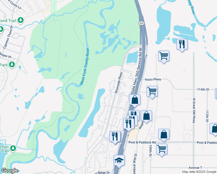 map of restaurants, bars, coffee shops, grocery stores, and more near 2803 Riverside Parkway in Grand Prairie