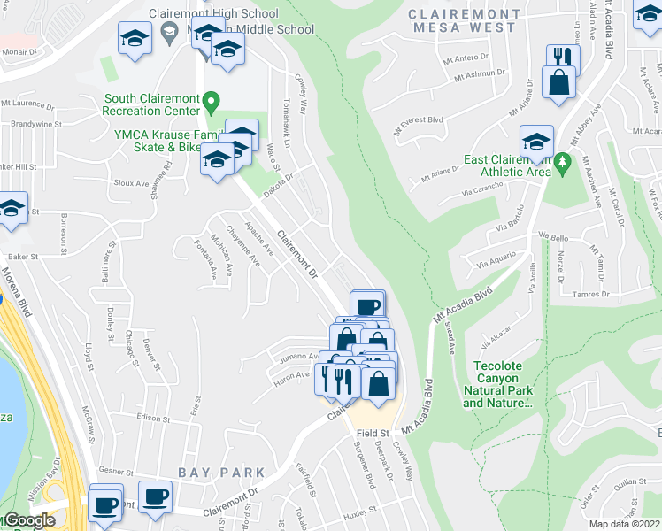map of restaurants, bars, coffee shops, grocery stores, and more near Calle Neil in San Diego