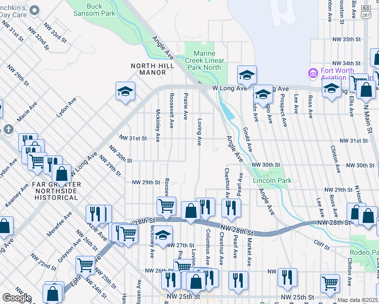 map of restaurants, bars, coffee shops, grocery stores, and more near 3008 Prairie Avenue in Fort Worth