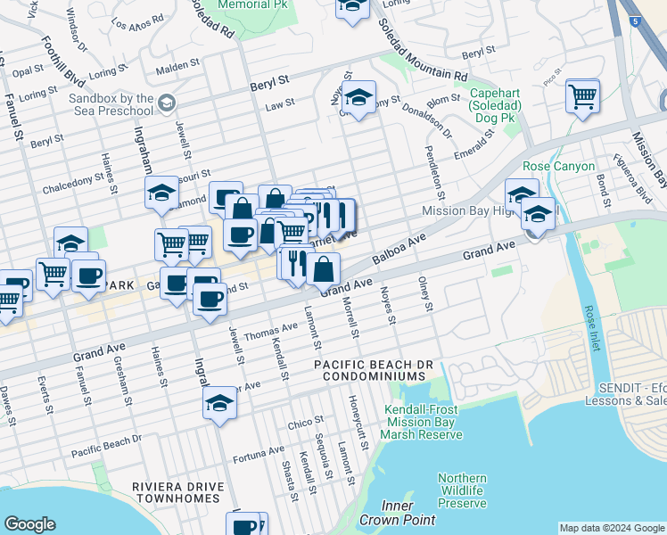 map of restaurants, bars, coffee shops, grocery stores, and more near 1979 Hornblend Street in San Diego