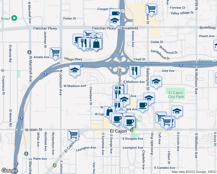 map of restaurants, bars, coffee shops, grocery stores, and more near 225 West Madison Avenue in El Cajon