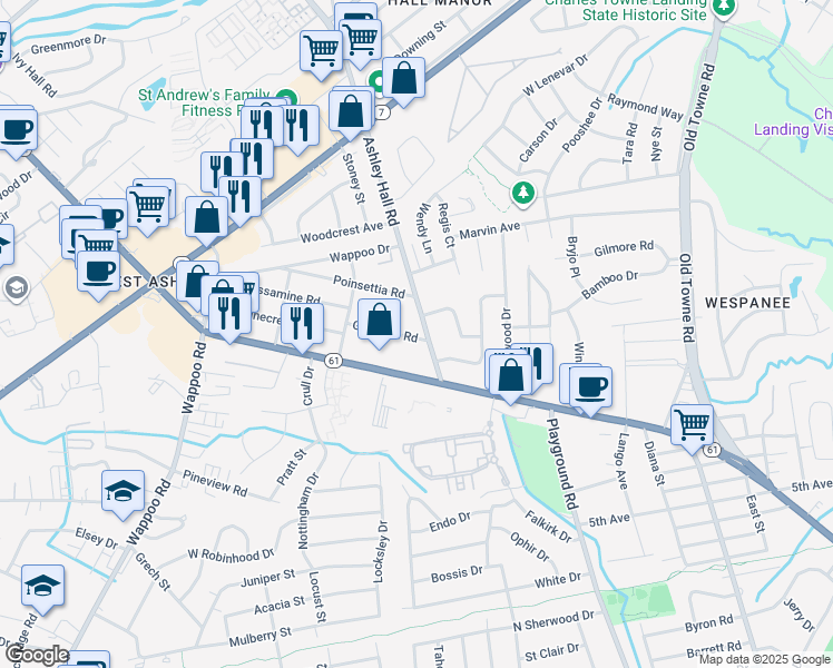 map of restaurants, bars, coffee shops, grocery stores, and more near 1504 Gardenia Road in Charleston