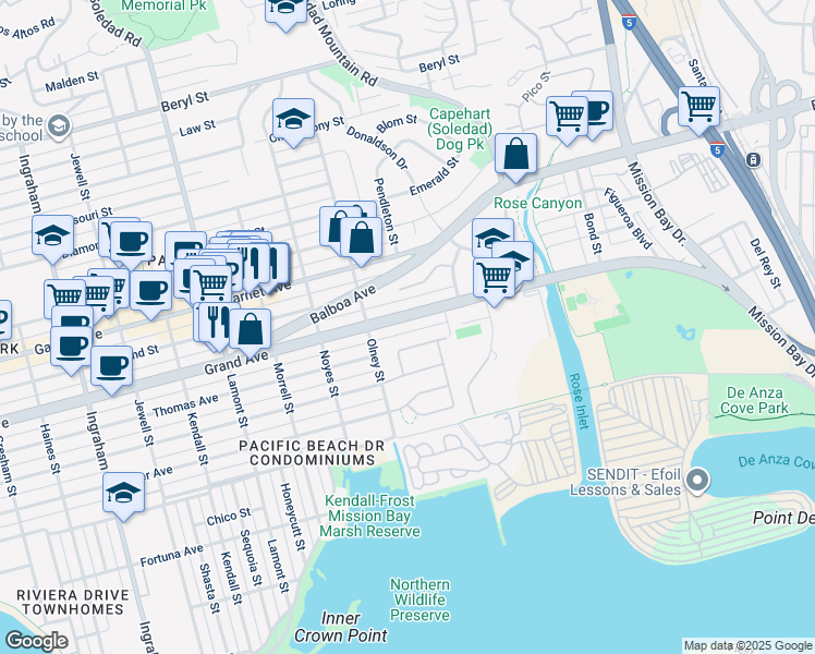 map of restaurants, bars, coffee shops, grocery stores, and more near in San Diego