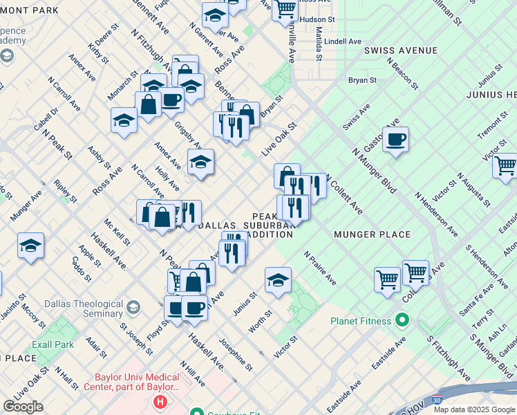 map of restaurants, bars, coffee shops, grocery stores, and more near 4803 Swiss Avenue in Dallas