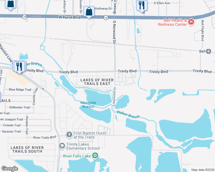 map of restaurants, bars, coffee shops, grocery stores, and more near 9436 Wood Duck Drive in Fort Worth