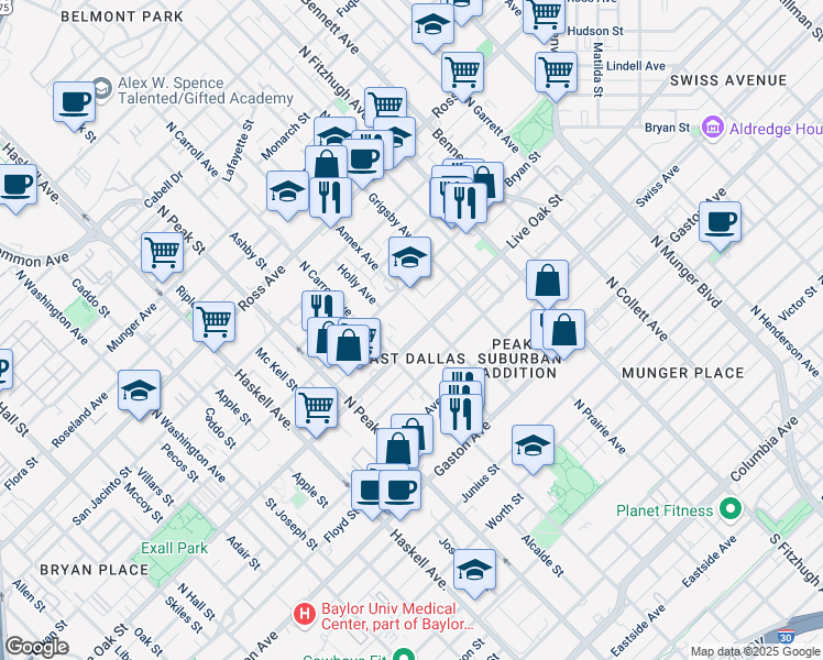 map of restaurants, bars, coffee shops, grocery stores, and more near in Dallas