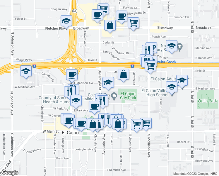 map of restaurants, bars, coffee shops, grocery stores, and more near 527 East Madison Avenue in El Cajon