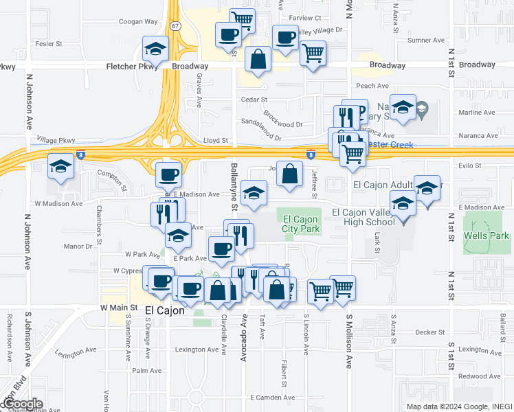 map of restaurants, bars, coffee shops, grocery stores, and more near 505 East Madison Avenue in El Cajon