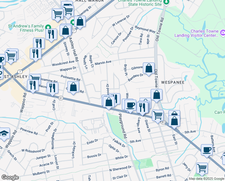 map of restaurants, bars, coffee shops, grocery stores, and more near 12 Plainfield Drive in Charleston