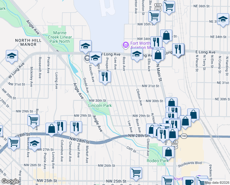 map of restaurants, bars, coffee shops, grocery stores, and more near 3012 Prospect Avenue in Fort Worth