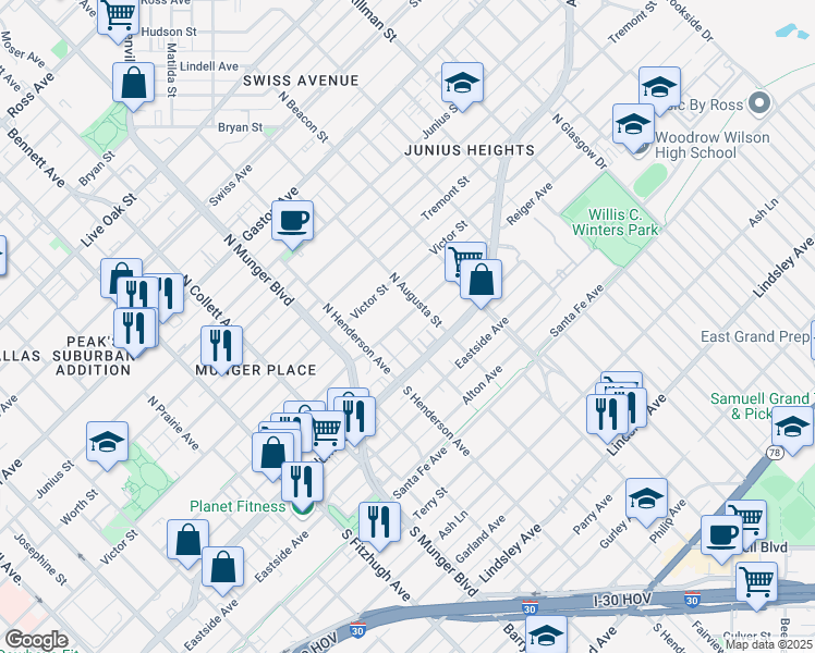 map of restaurants, bars, coffee shops, grocery stores, and more near 5404 Reiger Avenue in Dallas