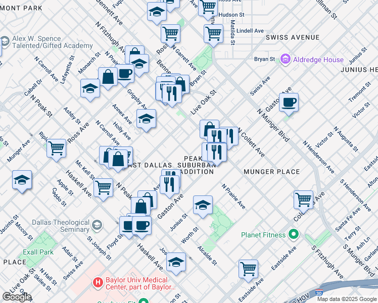 map of restaurants, bars, coffee shops, grocery stores, and more near 4803 Swiss Avenue in Dallas