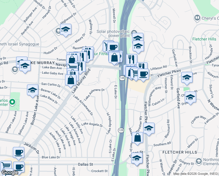 map of restaurants, bars, coffee shops, grocery stores, and more near 8835 Lake Ashmere Drive in San Diego