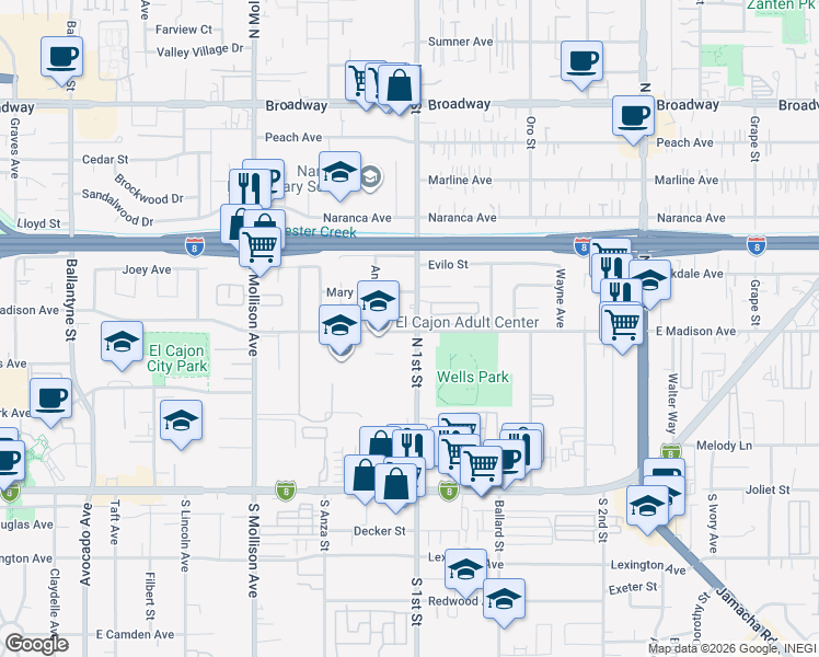 map of restaurants, bars, coffee shops, grocery stores, and more near 503 North 1st Street in El Cajon