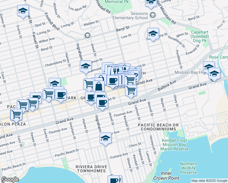 map of restaurants, bars, coffee shops, grocery stores, and more near 1805 Garnet Avenue in San Diego