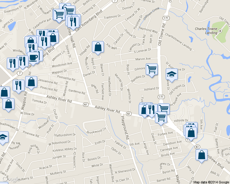 map of restaurants, bars, coffee shops, grocery stores, and more near 12 Plainfield Drive in Charleston