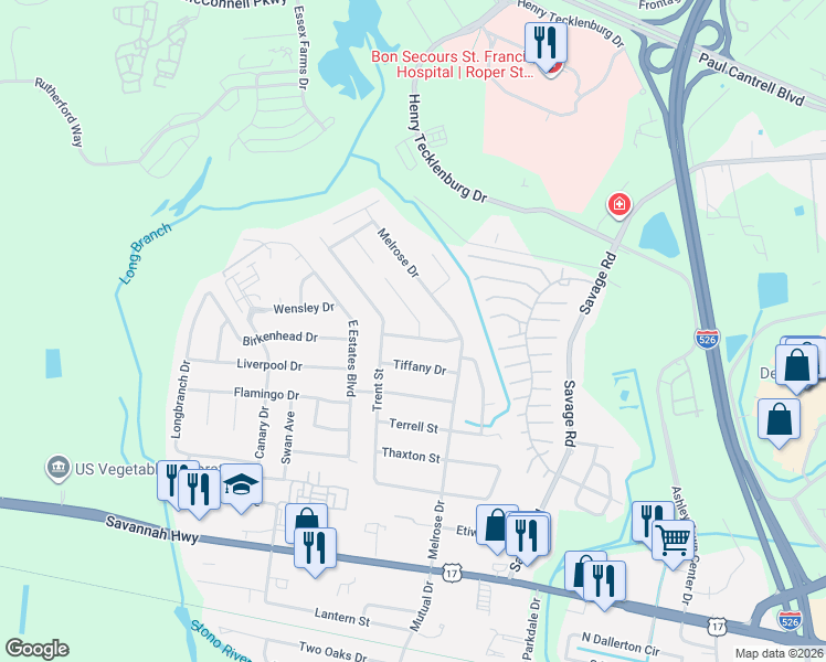 map of restaurants, bars, coffee shops, grocery stores, and more near 2432 Spring Garden Street in Charleston