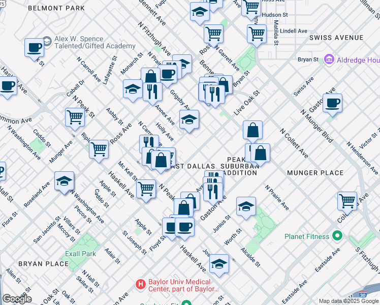 map of restaurants, bars, coffee shops, grocery stores, and more near in Dallas