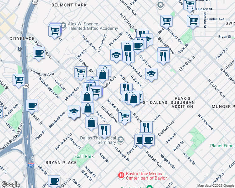 map of restaurants, bars, coffee shops, grocery stores, and more near 1513 North Peak Street in Dallas