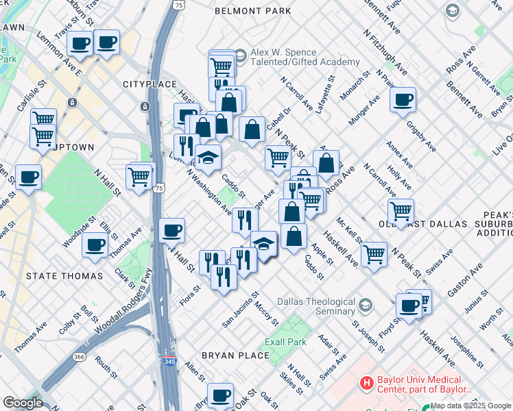 map of restaurants, bars, coffee shops, grocery stores, and more near 1909 Caddo Street in Dallas