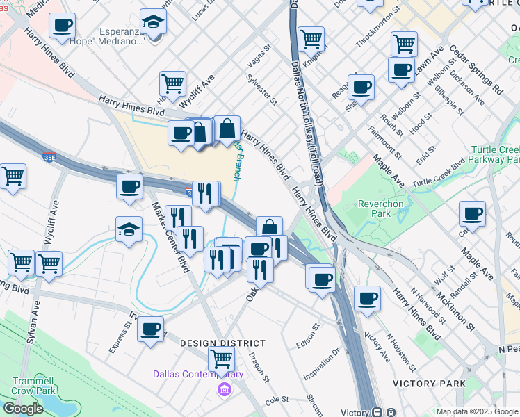 map of restaurants, bars, coffee shops, grocery stores, and more near 1820-1936 North Stemmons Freeway in Dallas