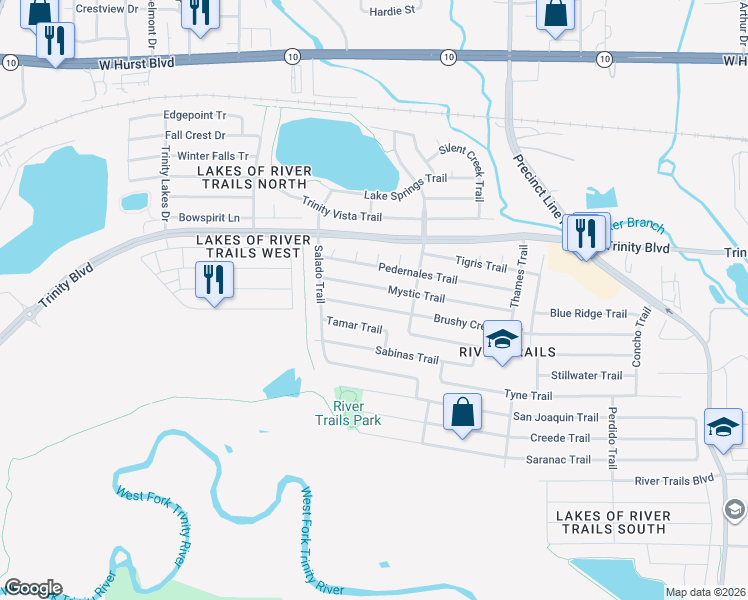 map of restaurants, bars, coffee shops, grocery stores, and more near 8600 Mystic Trail in Fort Worth