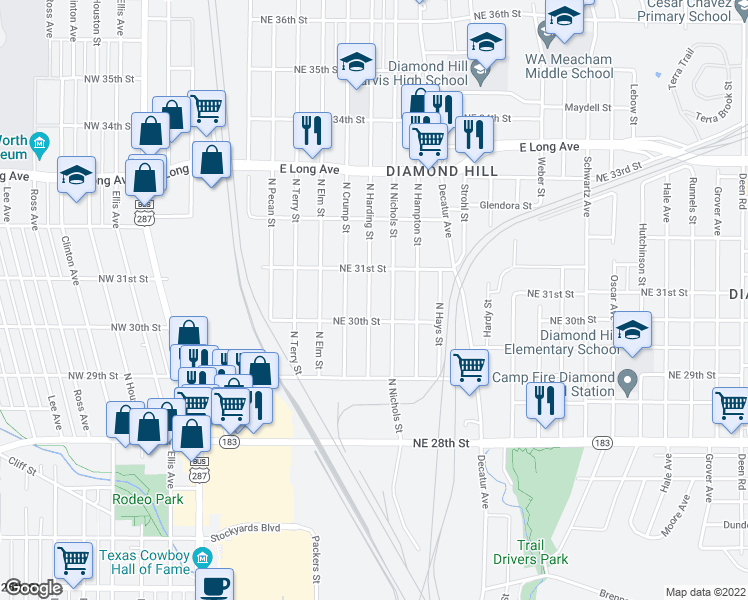 map of restaurants, bars, coffee shops, grocery stores, and more near 3113 North Nichols Street in Fort Worth