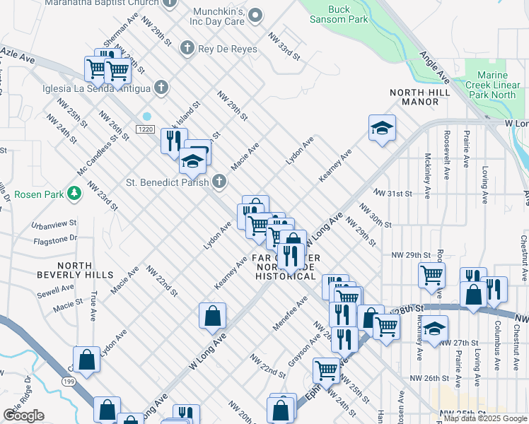 map of restaurants, bars, coffee shops, grocery stores, and more near t2807 Northwest 28th Street in Fort Worth