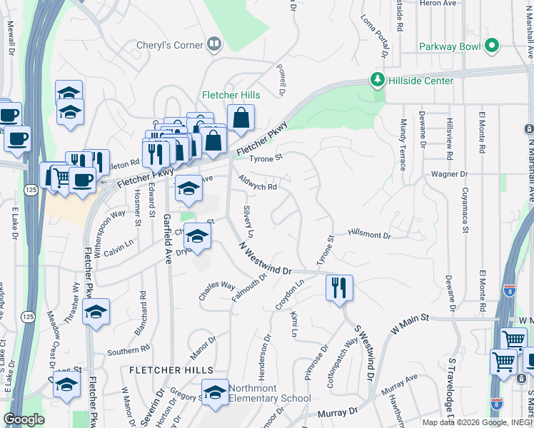 map of restaurants, bars, coffee shops, grocery stores, and more near 2026 Willis Road in El Cajon