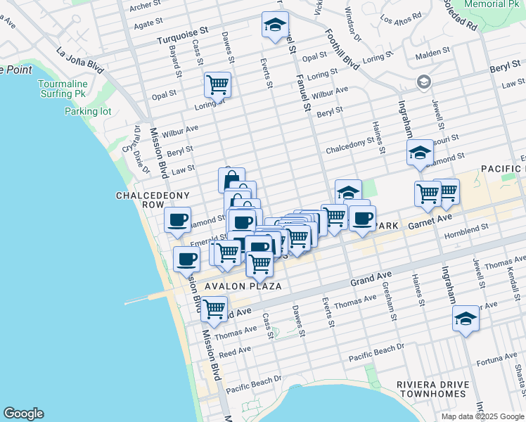 map of restaurants, bars, coffee shops, grocery stores, and more near 1065 Diamond Street in San Diego