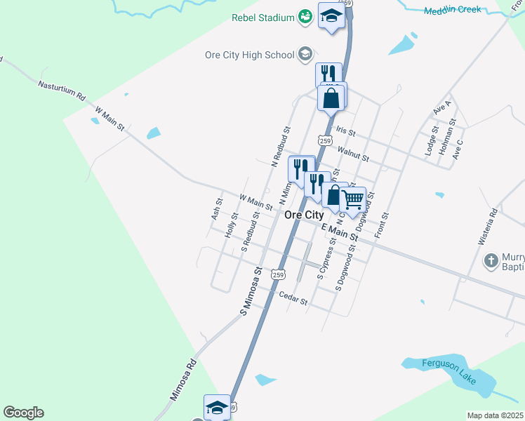 map of restaurants, bars, coffee shops, grocery stores, and more near 101 South Redbud Street in Ore City