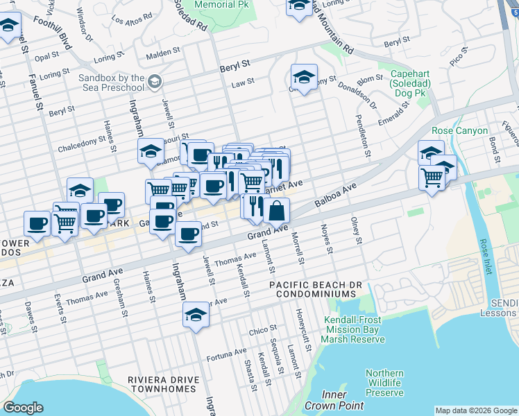 map of restaurants, bars, coffee shops, grocery stores, and more near 4455 Lamont Street in San Diego