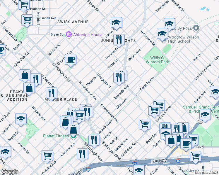 map of restaurants, bars, coffee shops, grocery stores, and more near 5471 Columbia Avenue in Dallas
