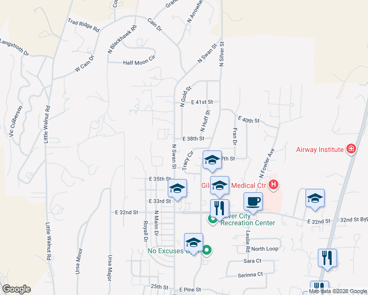 map of restaurants, bars, coffee shops, grocery stores, and more near 620 East 37th Place in Silver City