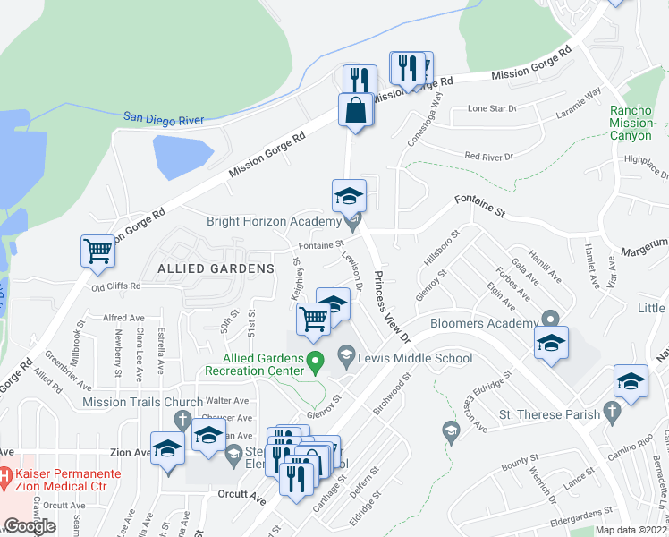 map of restaurants, bars, coffee shops, grocery stores, and more near 5253 Lewison Place in San Diego