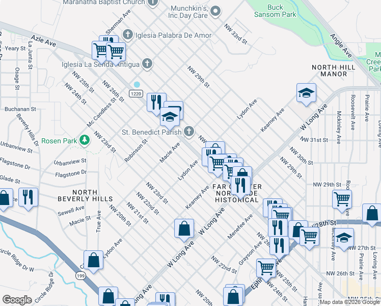 map of restaurants, bars, coffee shops, grocery stores, and more near 2909 Azle Avenue in Fort Worth