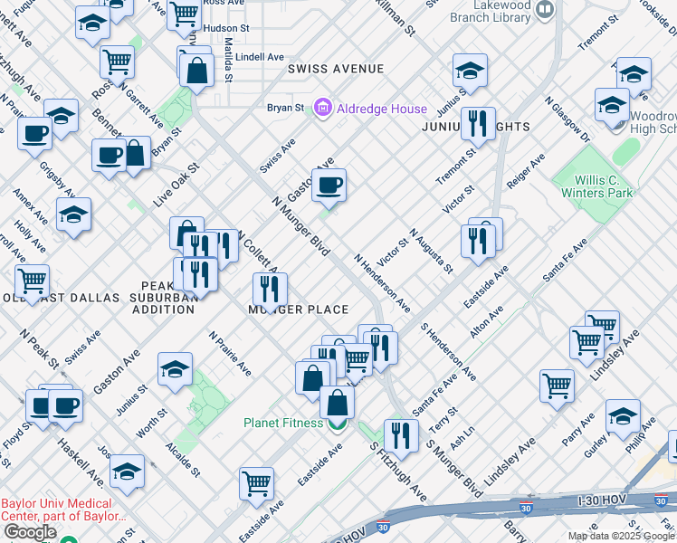 map of restaurants, bars, coffee shops, grocery stores, and more near 5120 Tremont Street in Dallas